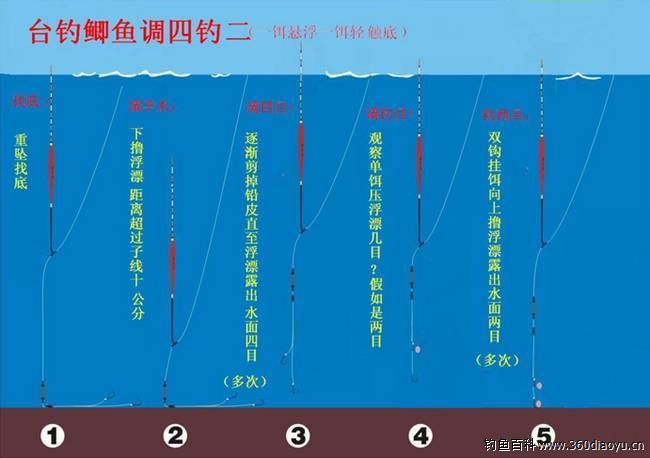 随着浮漂上移,改成调四钓三,钓四钓四,调四钓五等情况时,饵料在水中的